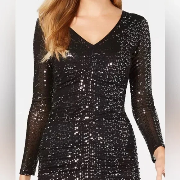 Women’s Formal Dress Size 10, 14 GUESS Black Long Sleeve Sequins Short Body Com - Picture 3 of 7